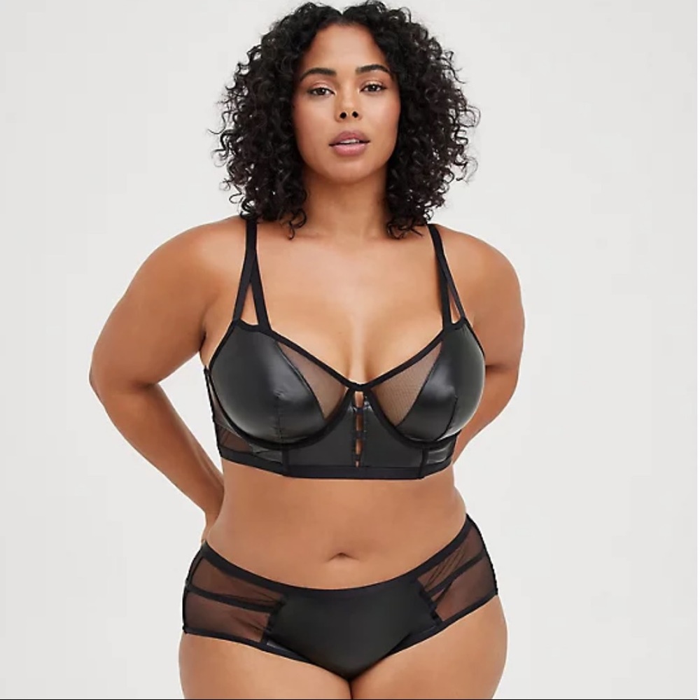 Torrid Strappy Faux Leather & Mesh Underwire Bralette & Cage Back Cheeky Panty